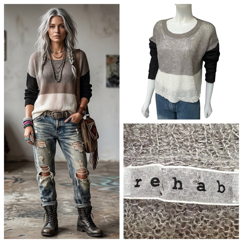 Rehab Open Knit Sheer Sweater Cyber Grunge Distressed Fairy Colorblock Grey M/L
